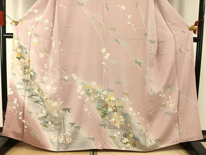 平和屋着物●訪問着　作家物　中国三大刺繍　汕頭刺繍　スワトウ刺繍　草花文　暈し染め　金糸　正絹　逸品　AABI1341fy