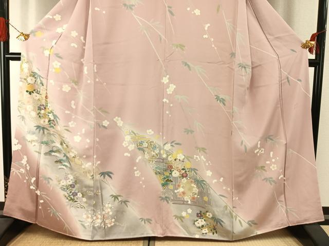 平和屋着物●訪問着　作家物　中国三大刺繍　汕頭刺繍　スワトウ刺繍　草花文　暈し染め　金糸　正絹　逸品　AABI1341fy