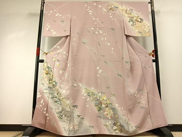 平和屋着物●訪問着　作家物　中国三大刺繍　汕頭刺繍　スワトウ刺繍　草花文　暈し染め　金糸　正絹　逸品　AABI1341fy