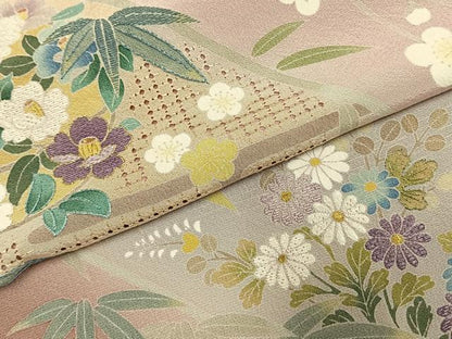 平和屋着物●訪問着　作家物　中国三大刺繍　汕頭刺繍　スワトウ刺繍　草花文　暈し染め　金糸　正絹　逸品　AABI1341fy