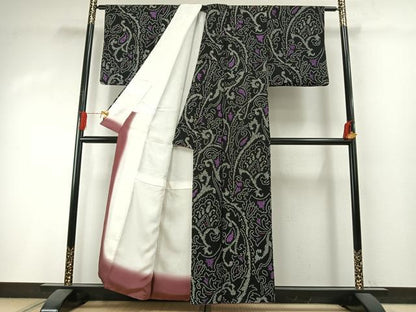 平和屋着物●上質な小紋　総絞り　唐草花文　黒地　正絹　逸品　AABI1337fy