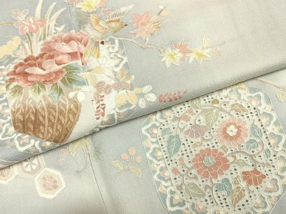 平和屋着物●訪問着　蘇州刺繍　亀甲花鳥文　暈し染め　正絹　逸品　AABI1340fy