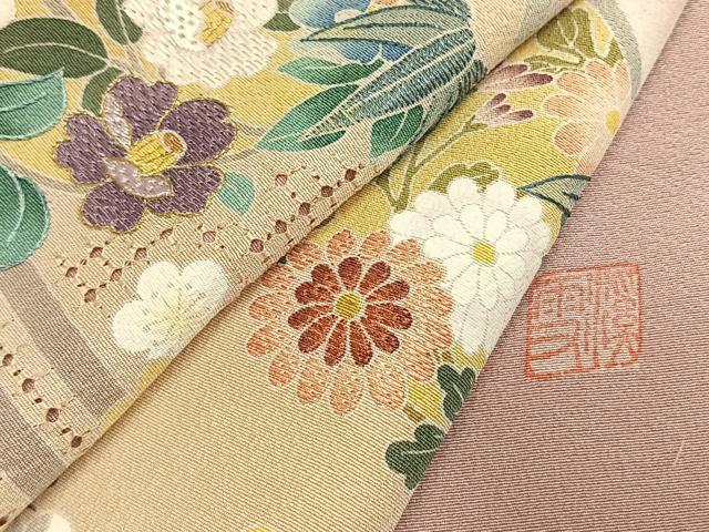 平和屋着物●訪問着　作家物　中国三大刺繍　汕頭刺繍　スワトウ刺繍　草花文　暈し染め　金糸　正絹　逸品　AABI1341fy