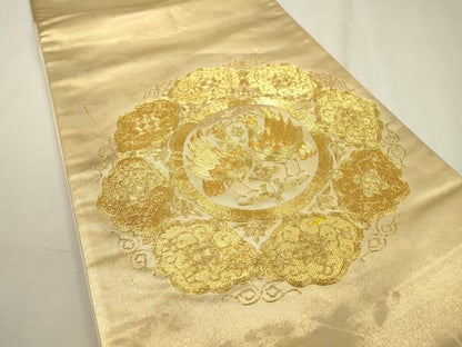 平和屋着物▼太鼓柄袋帯 駒刺繍 総刺繍 向かい鳥花絵皿文 金糸 正絹 逸品 DABF2037fe