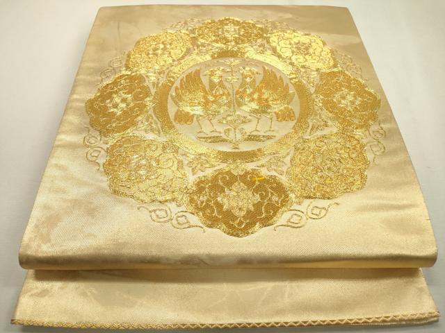 平和屋着物▼太鼓柄袋帯 駒刺繍 総刺繍 向かい鳥花絵皿文 金糸 正絹 逸品 DABF2037fe