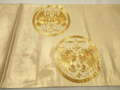 平和屋着物▼太鼓柄袋帯 駒刺繍 総刺繍 向かい鳥花絵皿文 金糸 正絹 逸品 DABF2037fe