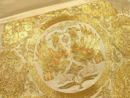 平和屋着物▼太鼓柄袋帯 駒刺繍 総刺繍 向かい鳥花絵皿文 金糸 正絹 逸品 DABF2037fe
