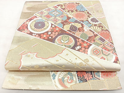 平和屋着物◎六通柄袋帯　唐織　扇面吉祥文　金糸　引箔　正絹　逸品　BAAX4765qw