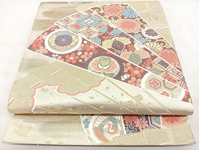 平和屋着物◎六通柄袋帯　唐織　扇面吉祥文　金糸　引箔　正絹　逸品　BAAX4765qw