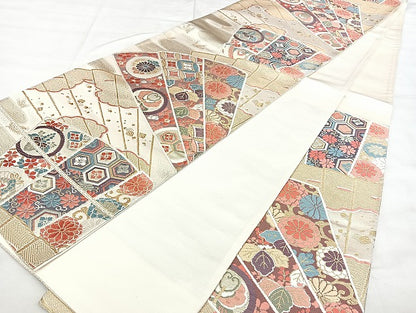 平和屋着物◎六通柄袋帯　唐織　扇面吉祥文　金糸　引箔　正絹　逸品　BAAX4765qw