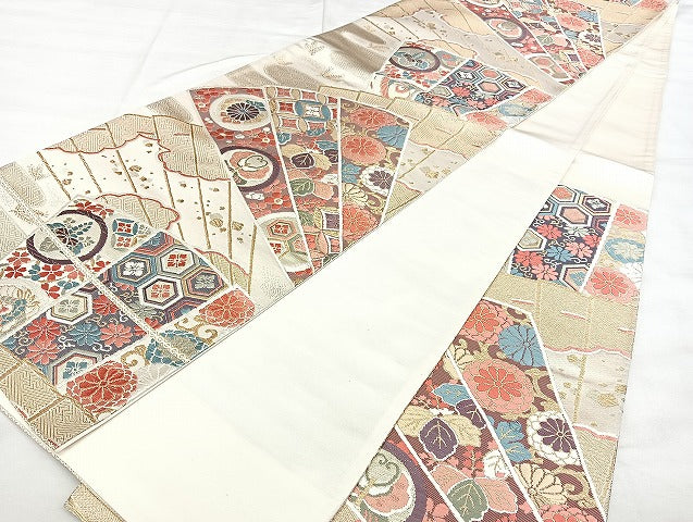 平和屋着物◎六通柄袋帯　唐織　扇面吉祥文　金糸　引箔　正絹　逸品　BAAX4765qw