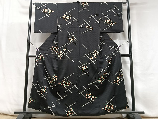 平和屋着物■上質な小紋 絞り 舞花文 黒地 正絹 逸品 CABF5076xe