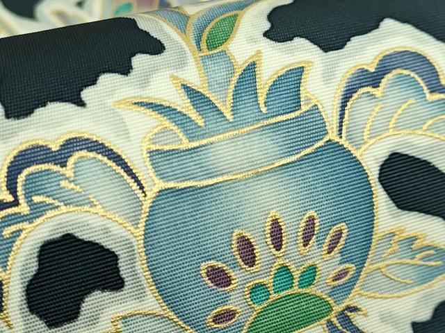 平和屋本店●極上　岡重謹製　OKAJIMA　塩瀬　九寸名古屋帯　更紗花文　象　金彩　百入茶色地　逸品　DZAB6643kh6