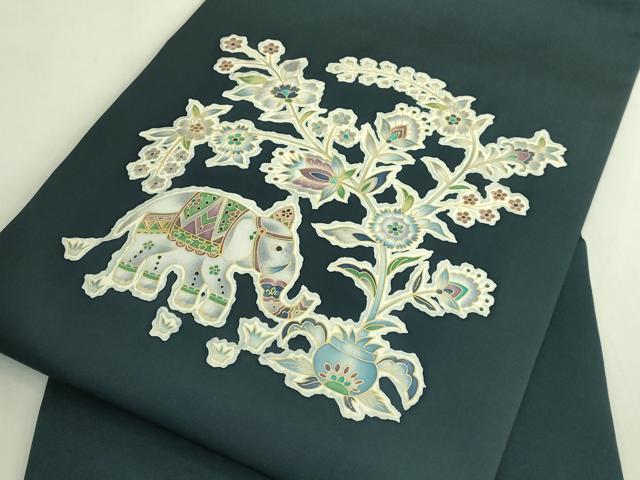 平和屋本店●極上　岡重謹製　OKAJIMA　塩瀬　九寸名古屋帯　更紗花文　象　金彩　百入茶色地　逸品　DZAB6643kh6
