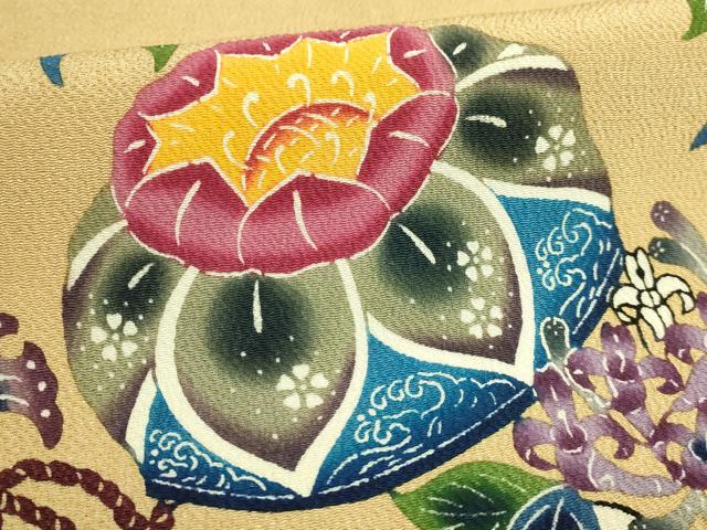 平和屋本店●最高級　城間栄順　本場琉球紅型　九寸名古屋帯　花　薄い飴色地　鬼しぼ縮緬　逸品　DZAB6655kh6