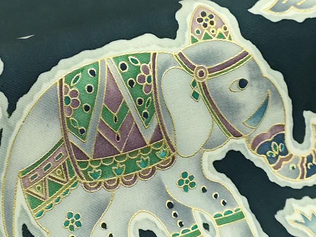平和屋本店●極上　岡重謹製　OKAJIMA　塩瀬　九寸名古屋帯　更紗花文　象　金彩　百入茶色地　逸品　DZAB6643kh6