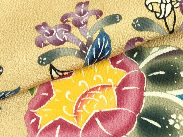 平和屋本店●最高級　城間栄順　本場琉球紅型　九寸名古屋帯　花　薄い飴色地　鬼しぼ縮緬　逸品　DZAB6655kh6