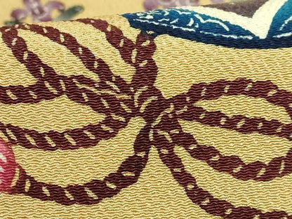 平和屋本店●最高級　城間栄順　本場琉球紅型　九寸名古屋帯　花　薄い飴色地　鬼しぼ縮緬　逸品　DZAB6655kh6