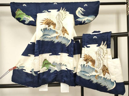 平和屋着物[]七五三　男の子　祝着・被布セット　鷹　鷲　立波文　金彩　逸品　DABE7063ma