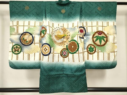 平和屋着物[]七五三　男の子　祝着・羽織・行灯袴セット　駒刺繍　鷹　鷲　菊桐花丸文　暈し染め　金彩　DABE7064ma
