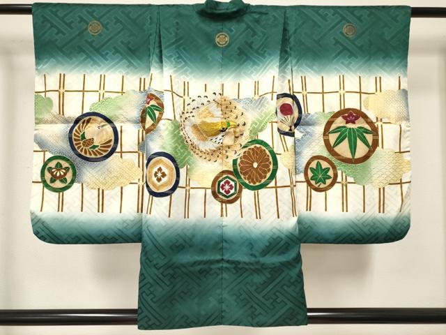 平和屋着物[]七五三　男の子　祝着・羽織・行灯袴セット　駒刺繍　鷹　鷲　菊桐花丸文　暈し染め　金彩　DABE7064ma