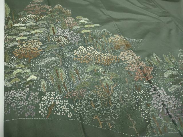 平和屋着物●本場縞大島紬　訪問着　総刺繍　樹林風景　正絹　逸品　DABE5445ps