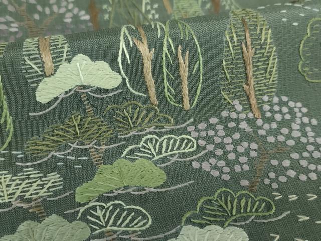 平和屋着物●本場縞大島紬　訪問着　総刺繍　樹林風景　正絹　逸品　DABE5445ps