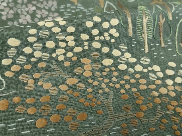 平和屋着物●本場縞大島紬　訪問着　総刺繍　樹林風景　正絹　逸品　DABE5445ps