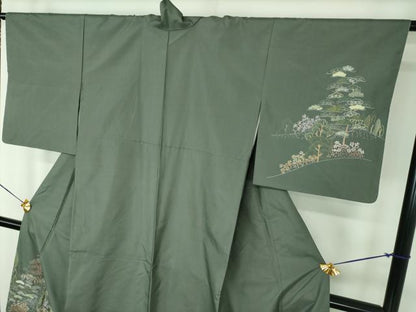 平和屋着物●本場縞大島紬　訪問着　総刺繍　樹林風景　正絹　逸品　DABE5445ps