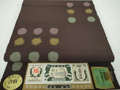 平和屋着物●八寸名古屋帯　結城紬　奥順謹製　平織り　丸文　やまと誂製　証紙付き　正絹　逸品　DABE5568ps