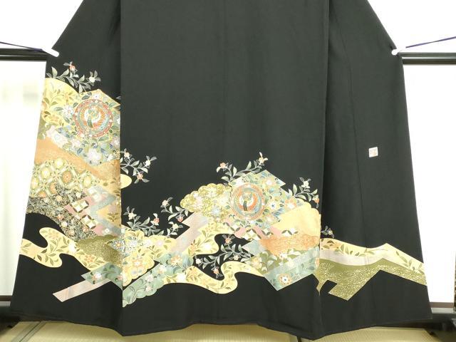 平和屋着物■豪華黒留袖 作家物 駒刺繍 鳳凰更紗花文 金彩 正絹 逸品 DABE9183sf