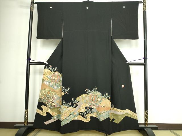 平和屋着物■豪華黒留袖 作家物 駒刺繍 鳳凰更紗花文 金彩 正絹 逸品 DABE9183sf