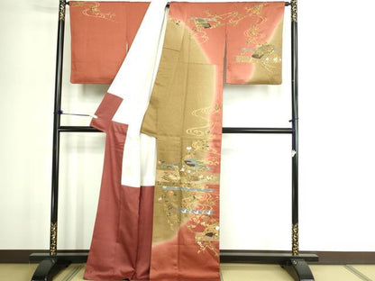 平和屋着物■訪問着 流水地紙草花文 暈し染め 金彩 正絹 逸品 DABE9207sf