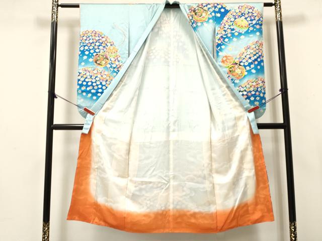 平和屋着物[]七五三 女の子 ７歳 祝着 四つ身 重ね山鞠花文 暈し染め 金彩 逸品 DABE7079ma