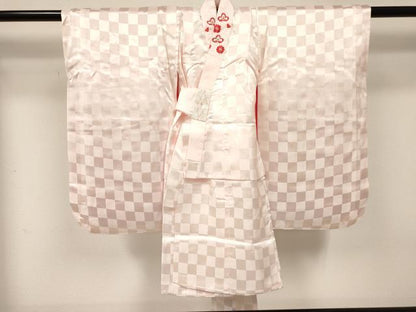 平和屋着物[]七五三　女の子　３歳　祝着　三つ身　長襦袢(袷・半衿刺繍)セット　駒刺繍　花鳥文　金彩　逸品　DABE7086ma