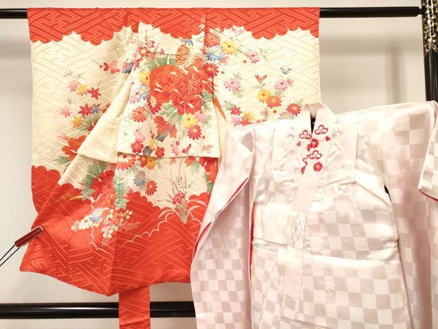 平和屋着物[]七五三　女の子　３歳　祝着　三つ身　長襦袢(袷・半衿刺繍)セット　駒刺繍　花鳥文　金彩　逸品　DABE7086ma