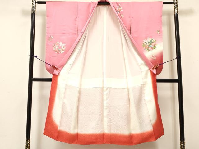 平和屋着物[]七五三　女の子　７歳　祝着　四つ身　花蝶文　暈し染め　金銀彩　逸品　DABE7080ma