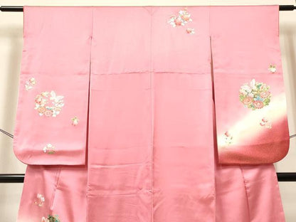 平和屋着物[]七五三　女の子　７歳　祝着　四つ身　花蝶文　暈し染め　金銀彩　逸品　DABE7080ma