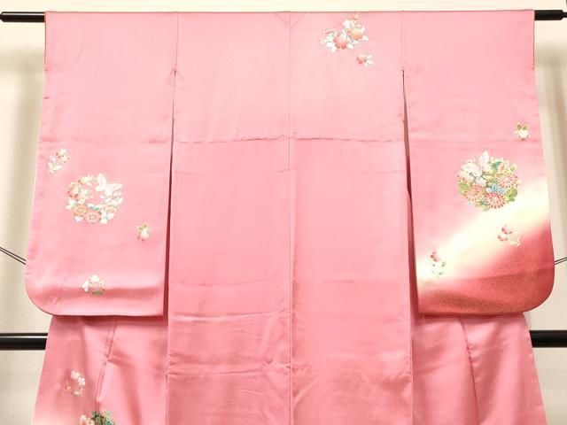 平和屋着物[]七五三　女の子　７歳　祝着　四つ身　花蝶文　暈し染め　金銀彩　逸品　DABE7080ma
