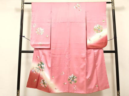 平和屋着物[]七五三 女の子 ７歳 祝着 四つ身 花蝶文 暈し染め 金銀彩 逸品 DABE7080ma
