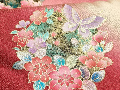 平和屋着物[]七五三　女の子　７歳　祝着　四つ身　花蝶文　暈し染め　金銀彩　逸品　DABE7080ma