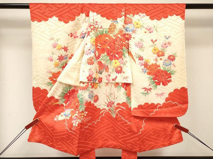 平和屋着物[]七五三　女の子　３歳　祝着　三つ身　長襦袢(袷・半衿刺繍)セット　駒刺繍　花鳥文　金彩　逸品　DABE7086ma