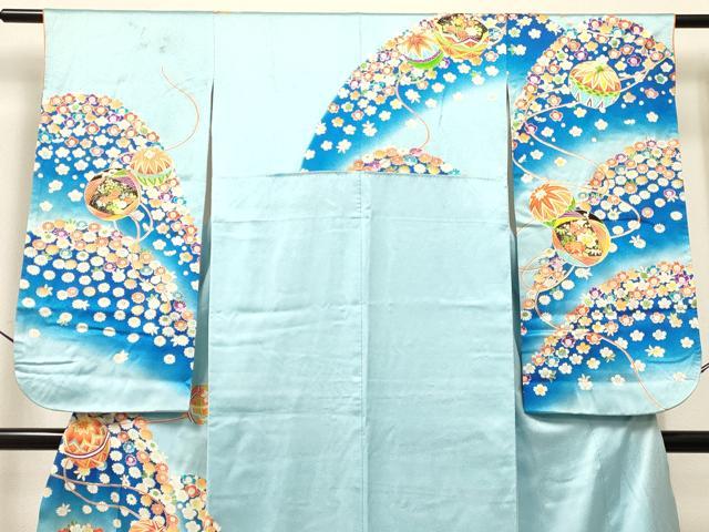 平和屋着物[]七五三 女の子 ７歳 祝着 四つ身 重ね山鞠花文 暈し染め 金彩 逸品 DABE7079ma