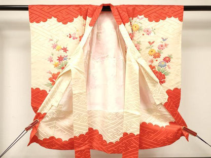 平和屋着物[]七五三　女の子　３歳　祝着　三つ身　長襦袢(袷・半衿刺繍)セット　駒刺繍　花鳥文　金彩　逸品　DABE7086ma