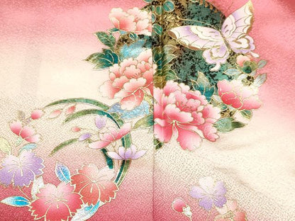 平和屋着物[]七五三　女の子　７歳　祝着　四つ身　花蝶文　暈し染め　金銀彩　逸品　DABE7080ma