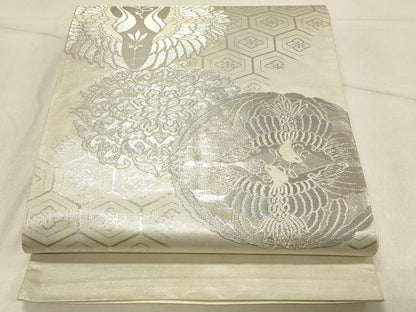 平和屋着物◎西陣　六通柄袋帯　花喰い鳥　銀糸　証紙付き　正絹　逸品　DABE3810qp