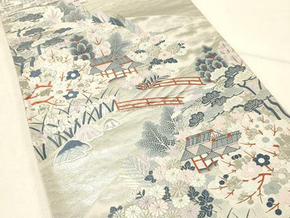 平和屋着物◎六通柄袋帯 しよう美 唐織 九百錦 風景花文 プラチナ箔 正絹 逸品 DABE3832qp