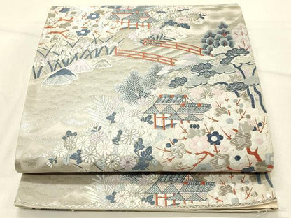 平和屋着物◎六通柄袋帯 しよう美 唐織 九百錦 風景花文 プラチナ箔 正絹 逸品 DABE3832qp