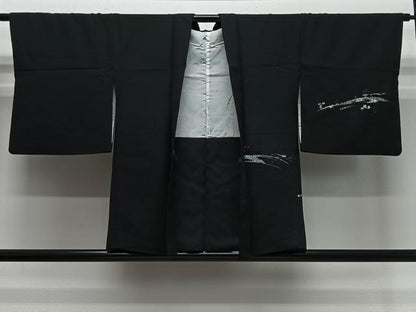 平和屋着物＃羽織　寿光織　幾何学文様　黒地　銀糸　正絹　逸品　CABE5165ua