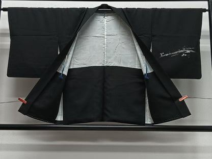 平和屋着物＃羽織　寿光織　幾何学文様　黒地　銀糸　正絹　逸品　CABE5165ua